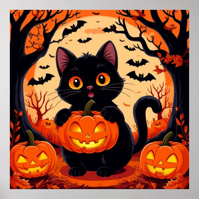 Cartoon Cat and Pumpkins Under Full Moon Poster (Front)