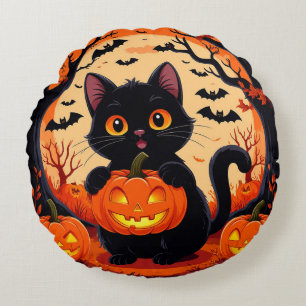 Cartoon Cat and Pumpkins Under Full Moon Round Cushion