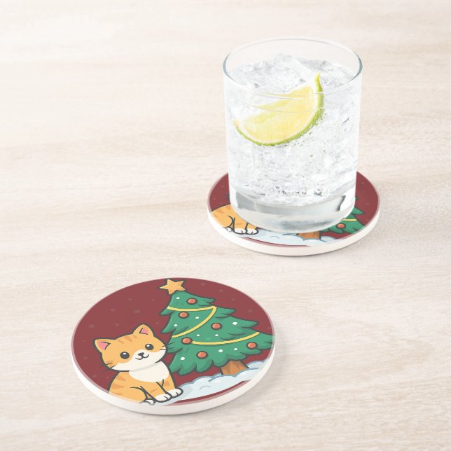 Cartoon Cat by Christmas Tree Snowy Sticker Coaster (Side)