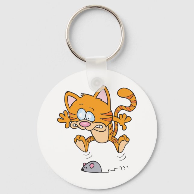 Cartoon Cat Chasing Mouse Funny Cute Animal Key Ring (Front)