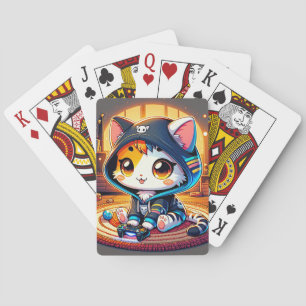 cartoon cat, cosy rug, plants, candle, video games playing cards