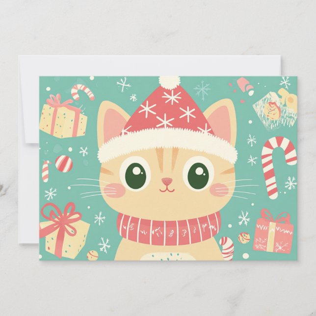  Cartoon Cat Cute Xmas Candy Cane Custom Text Holiday Card (Front)