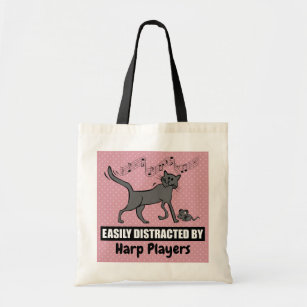 Cartoon Cat Easily Distracted by Harp Players Tote Bag
