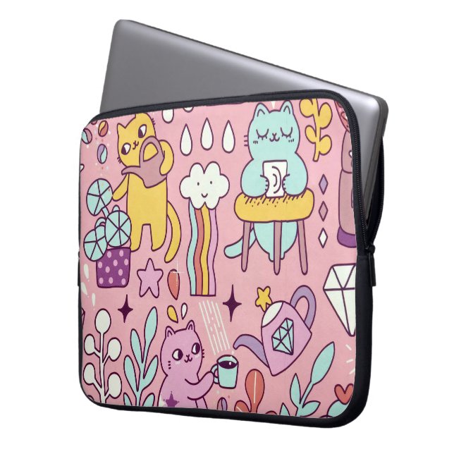 Cartoon Cat Fun On Pink Laptop Sleeve (Front Left)