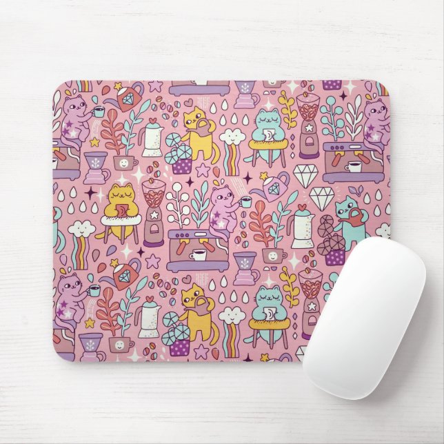 Cartoon Cat Fun On Pink Mouse Mat (With Mouse)