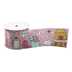 Cartoon Cat Fun On Pink Satin Ribbon