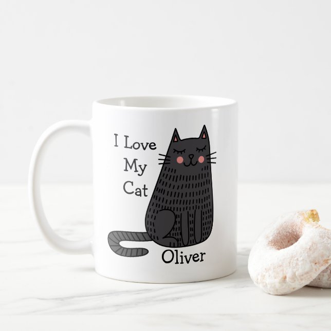 Cartoon Cat in Doodle Art Style Customisable Name  Coffee Mug (With Donut)