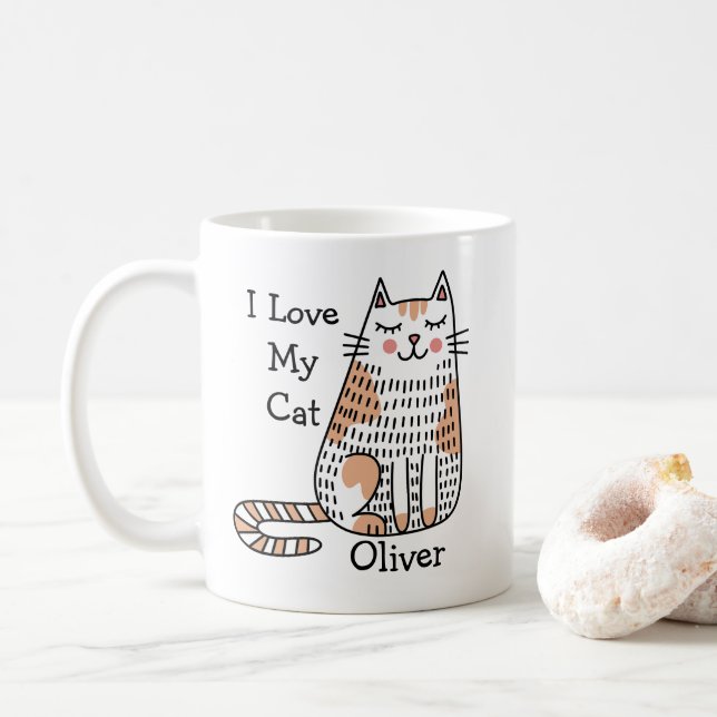 Cartoon Cat in Doodle Art Style Customisable Name  Coffee Mug (With Donut)