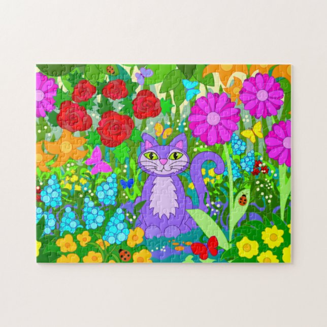 Cartoon Cat in Garden Flowers Ladybugs Butterflies Jigsaw Puzzle (Horizontal)