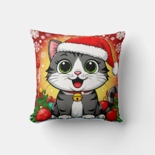 Cartoon Cat in Santa Hat With Christmas Decoration Cushion