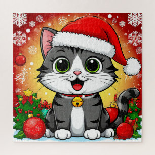 Cartoon Cat in Santa Hat With Christmas Decoration Jigsaw Puzzle