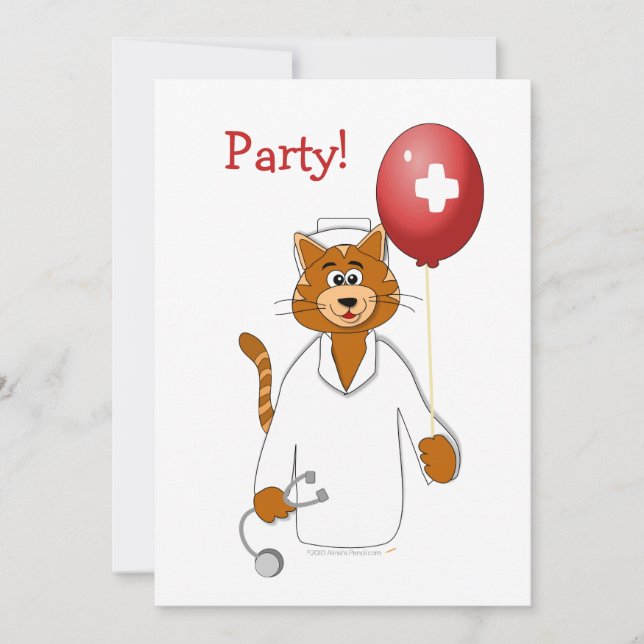 Cartoon Cat Nurse with Balloon Invitation (Front)