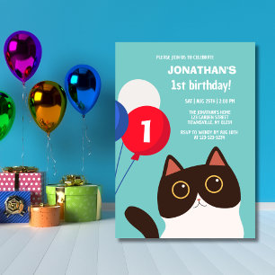 Cartoon Cat Rainbow Balloon Kids Birthday Invitation