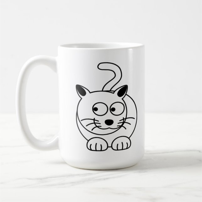 Cartoon Cat Sitting with Curiosity  Coffee Mug (Left)