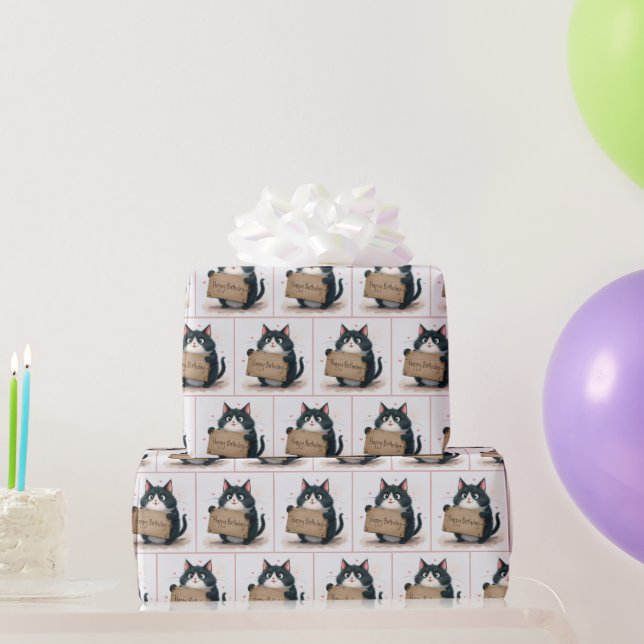 Cartoon Cat With Happy Birthday Sign Wrapping Paper (Party Gifts)
