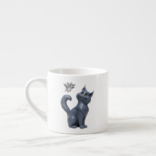 Cartoon Cat with Mouse Espresso Cup