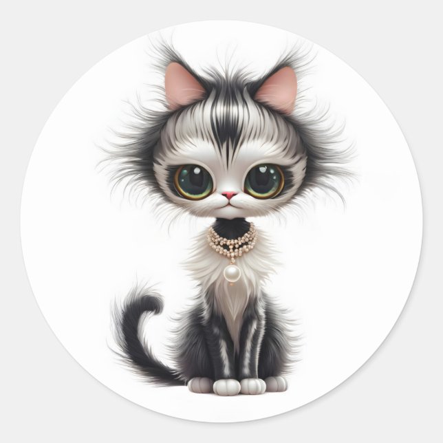 Cartoon Cat With Pearl Necklace  Classic Round Sticker (Front)