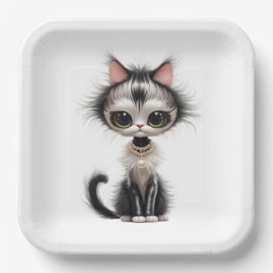 Cartoon Cat With Pearl Necklace  Paper Plate