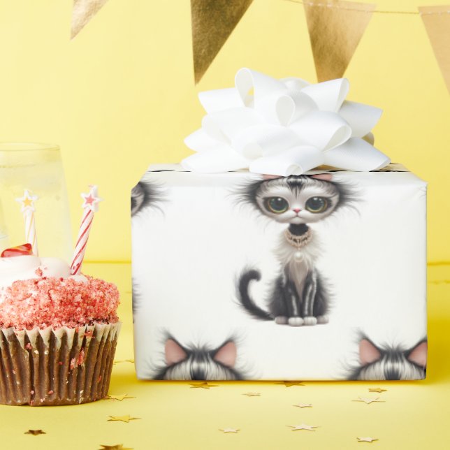 Cartoon Cat With Pearl Necklace Wrapping Paper (Birthday Party)