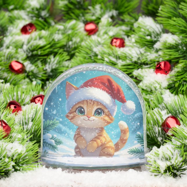 Cartoon Cat with Santa Hat Christmas Snow Globe (Christmas)