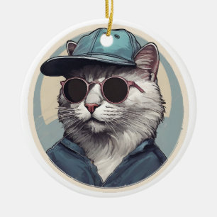 Cartoon Cat with Sunglasses Ceramic Tree Decoration