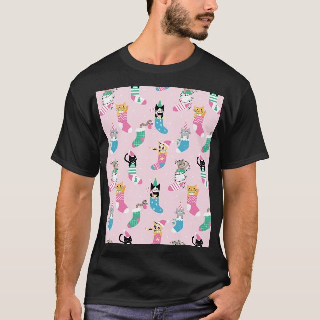 Cartoon Cats Christmas Seamless Pattern T-Shirt (Front)