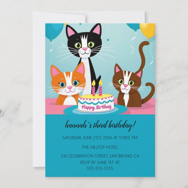 Cartoon Cats Kids’ Purr-fect Birthday Party  Invit Invitation (Front)