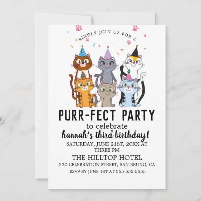 Cartoon Cats Kids’ Purr-fect Birthday Party Invita Invitation (Front)