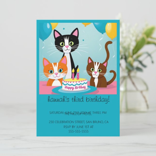 Cartoon Cats Kids’ Purr-fect Birthday Party  Invitation (Standing Front)