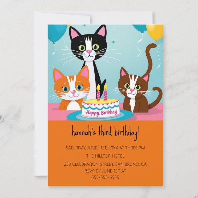 Cartoon Cats Kids’ Purr-fect Birthday Party  Invitation (Front)