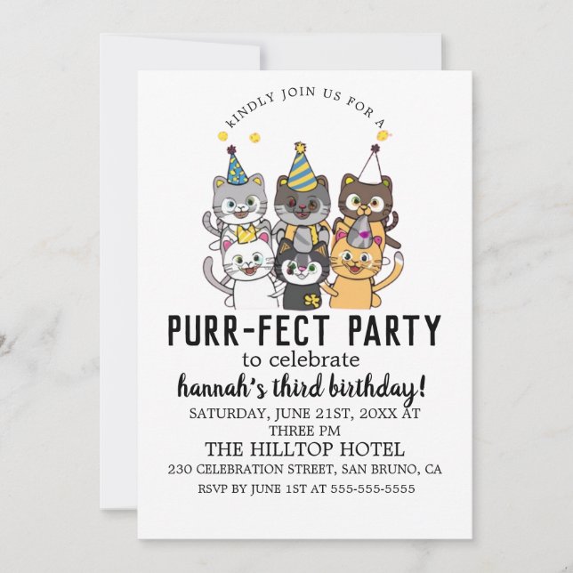 Cartoon Cats Kids’ Purr-fect Birthday Party  Invitation (Front)