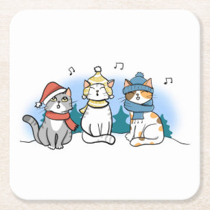 Cartoon Cats Singing Christmas Carols Square Paper Coaster