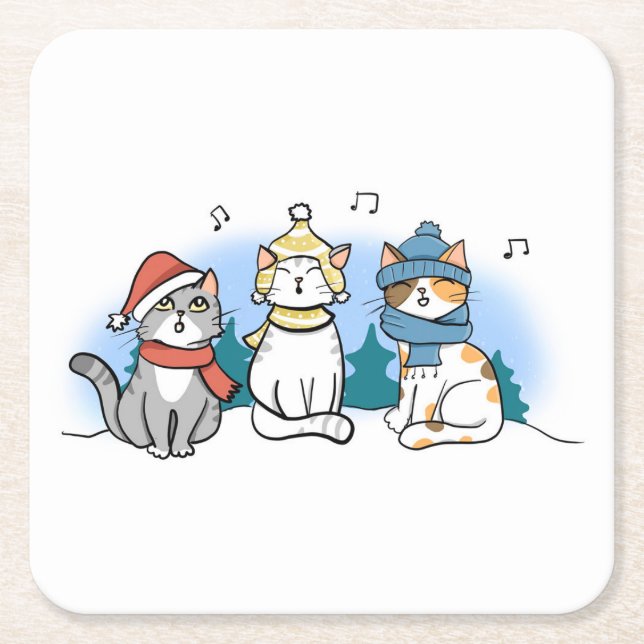 Cartoon Cats Singing Christmas Carols Square Paper Coaster (Front)
