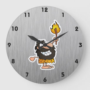 Cartoon Caveman; Metal-look Large Clock
