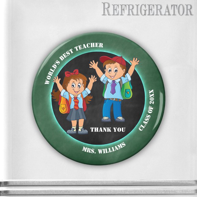 Cartoon Chalkboard Teacher Thank You Magnet (Cute cartoon magnet featuring happy kids on a blackboard - teacher appreciation - end of the year)
