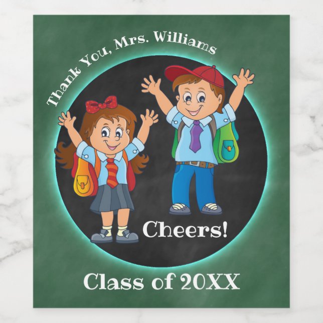 Cartoon Chalkboard Teacher Thank You Wine Label (Single Label)