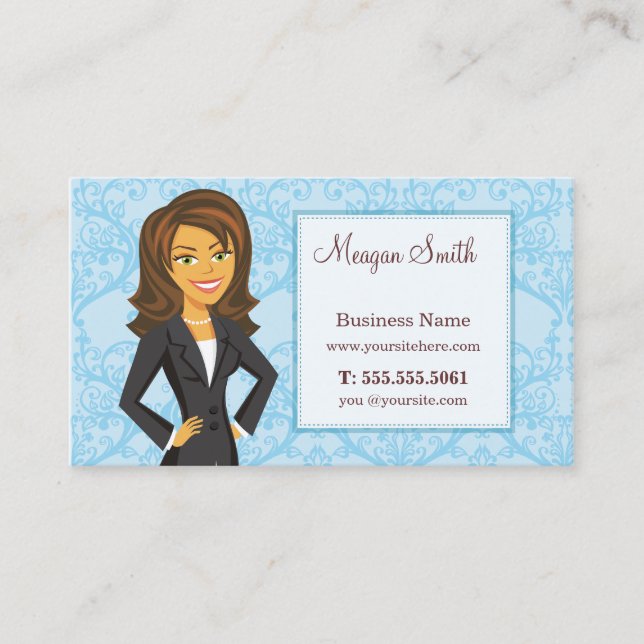 Cartoon Character Blue Damask Business Cards (Front)