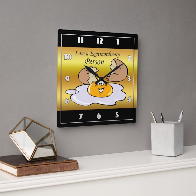 cartoon character fried egg with big smile square wall clock (Office)