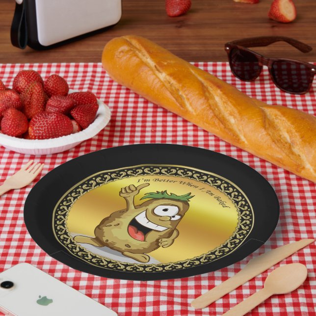 Cartoon character potato with green hair paper plate (Picnic)