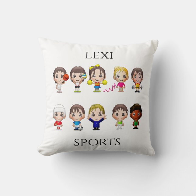 Cartoon characters throw pillow with name. (Front)