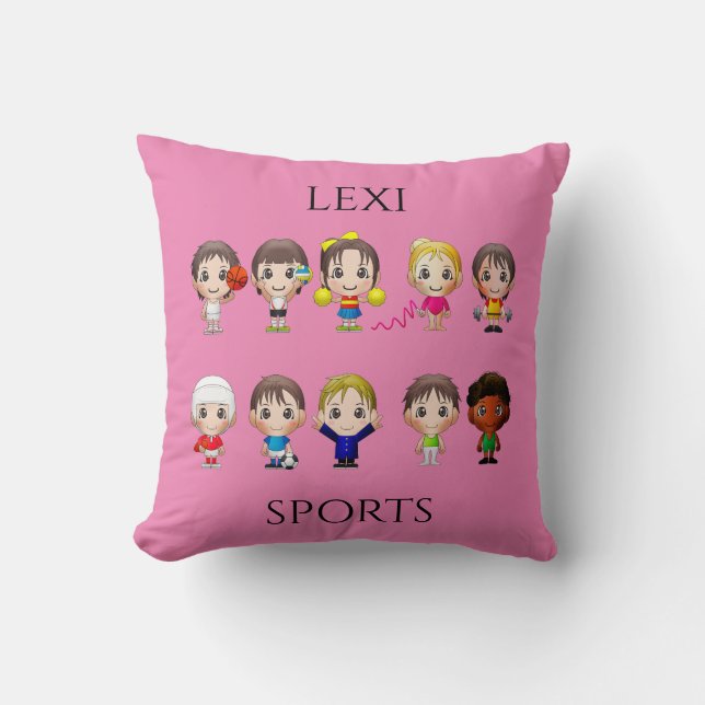 Cartoon characters throw pillow with name. (Front)