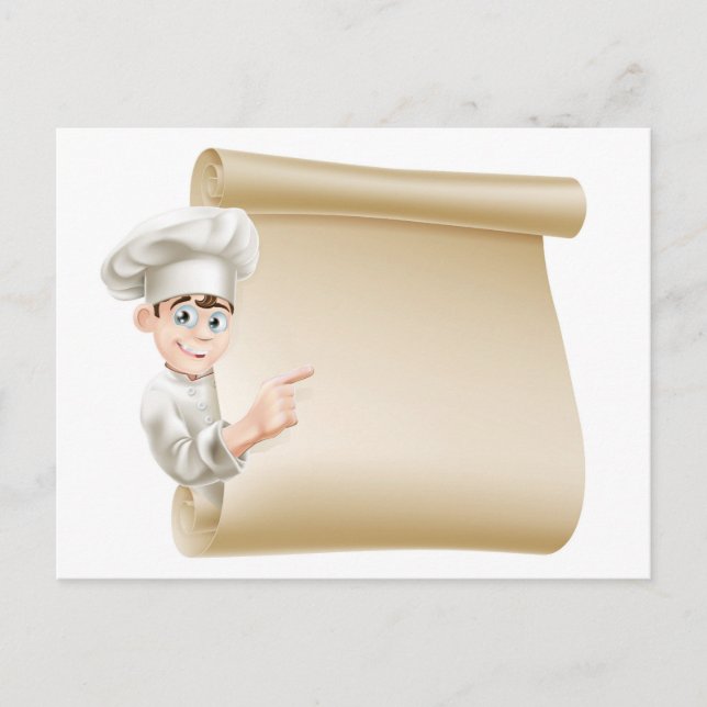 Cartoon chef and menu postcard (Front)