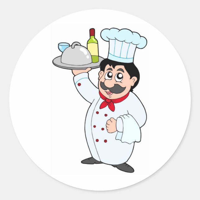 Cartoon chef holding meal and wine classic round sticker (Front)