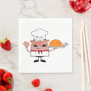 Cartoon Chef Holding Roast Turkey Napkin