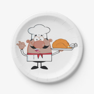 Cartoon Chef Holding Roast Turkey Paper Plate