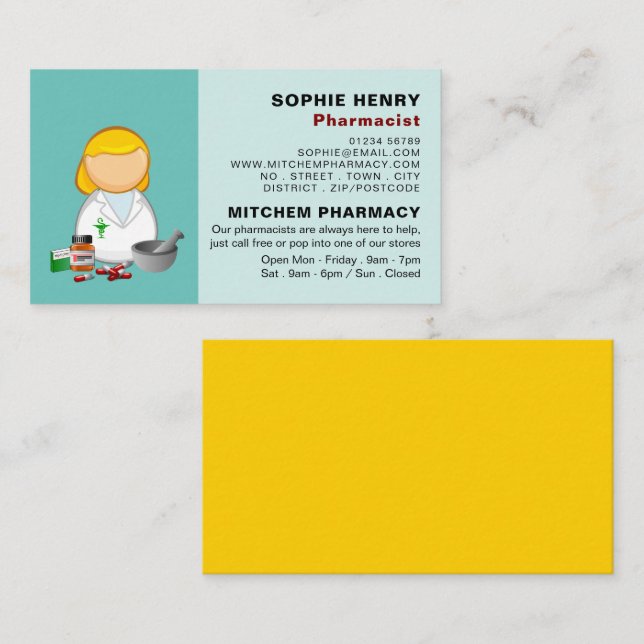 Cartoon Chemist, Pharmacy, Pharmacists Business Card (Front/Back)