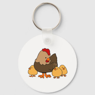 Cartoon Chicken and Baby Chicks Key Ring