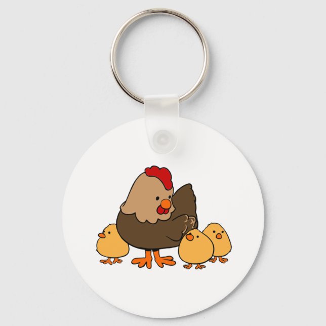 Cartoon Chicken and Baby Chicks Key Ring (Front)