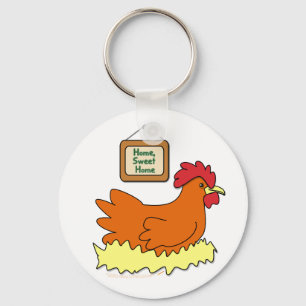 Cartoon Chicken in Nest Home Sweet Home Key Ring