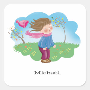 cartoon child freezing outside in autumn, seasons square sticker
